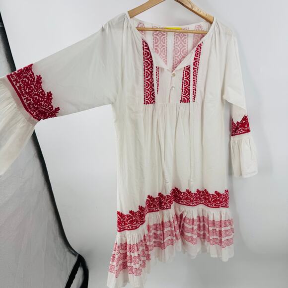 Roller Rabbit Red White Boho Embroidered Tunic Dress Cotton Size Medium - Picture 9 of 10